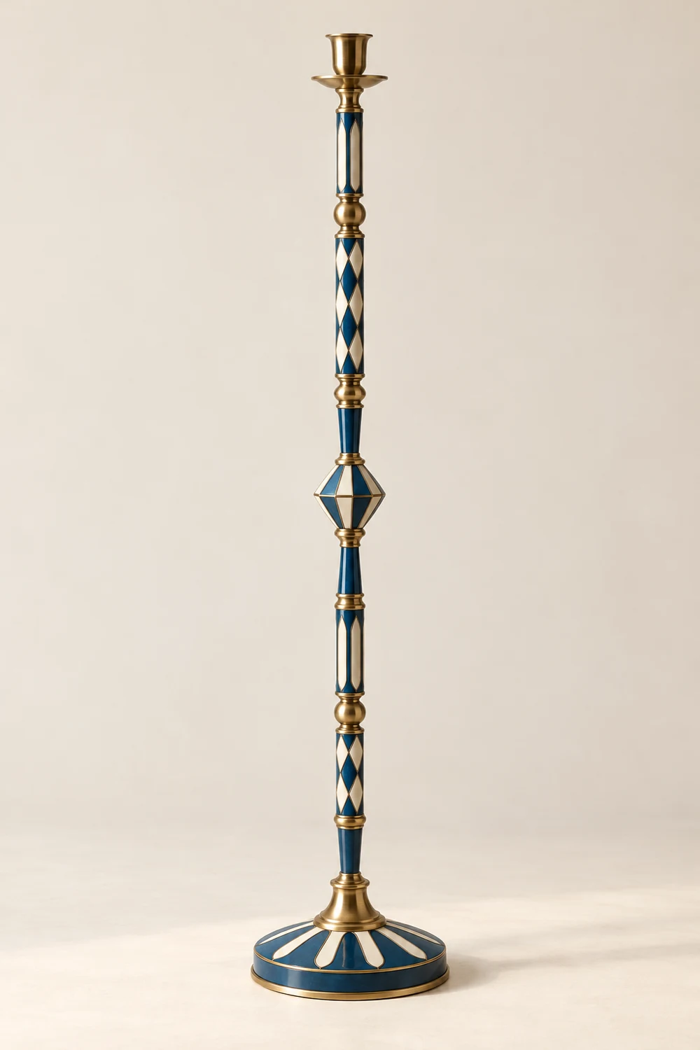 Azure Mosaic painted brass floor candle holder, Azure & ivory