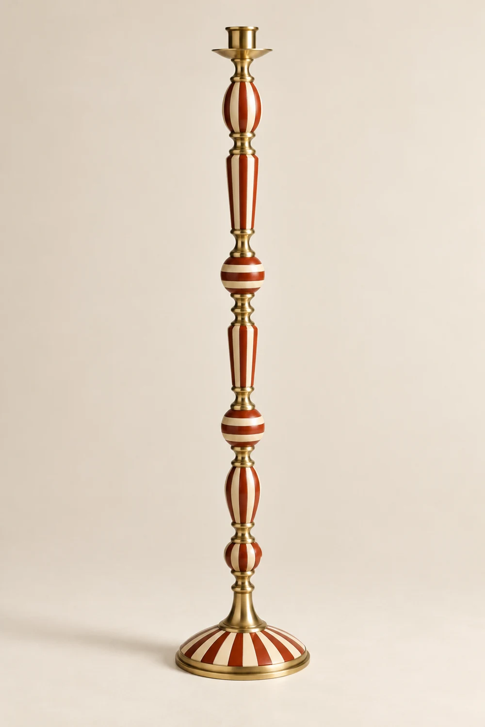 Canyon Stripe painted brass floor candle holder, Brick & cream