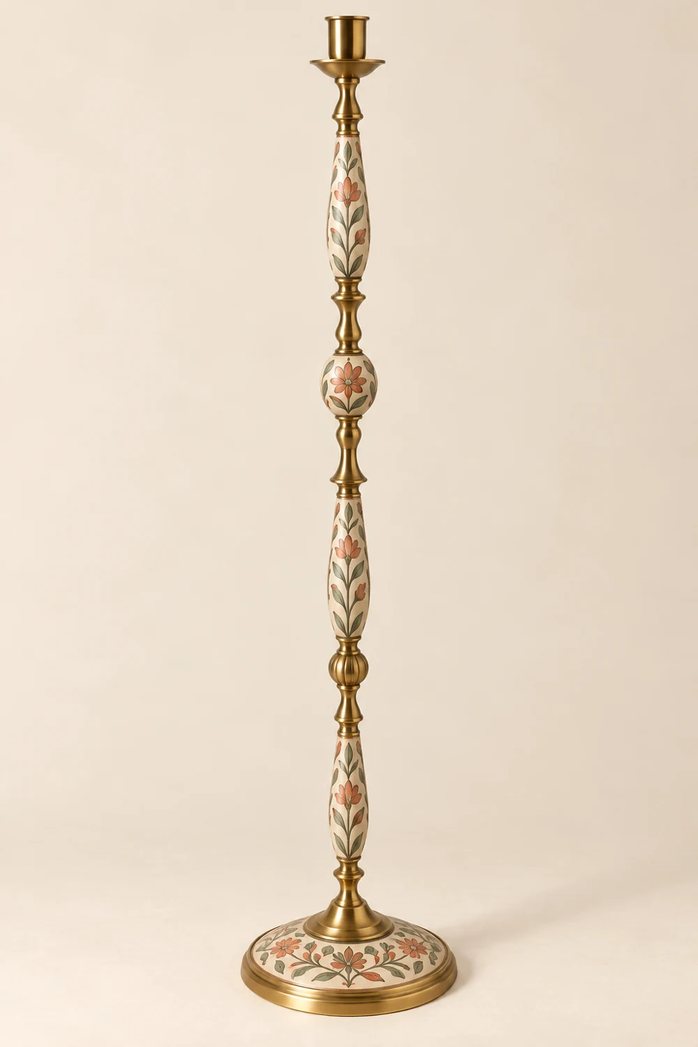 Desert Bloom painted brass floor candle holder, Sand & coral