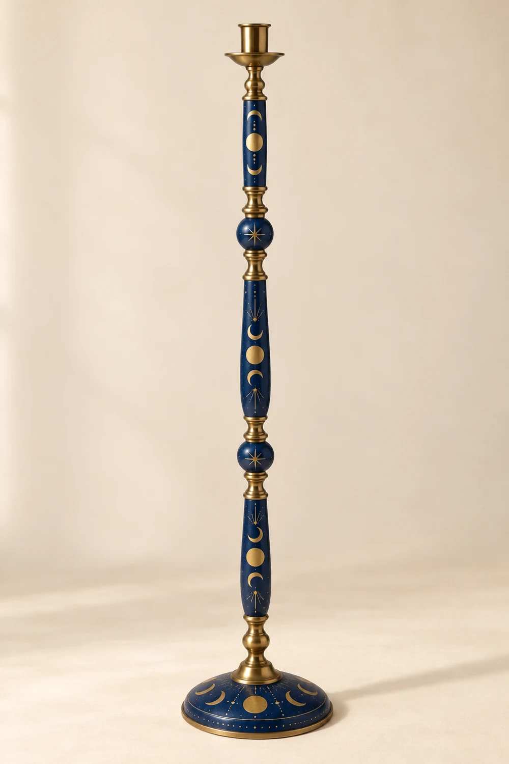 Indigo Moon painted brass floor candle holder, Indigo & gold