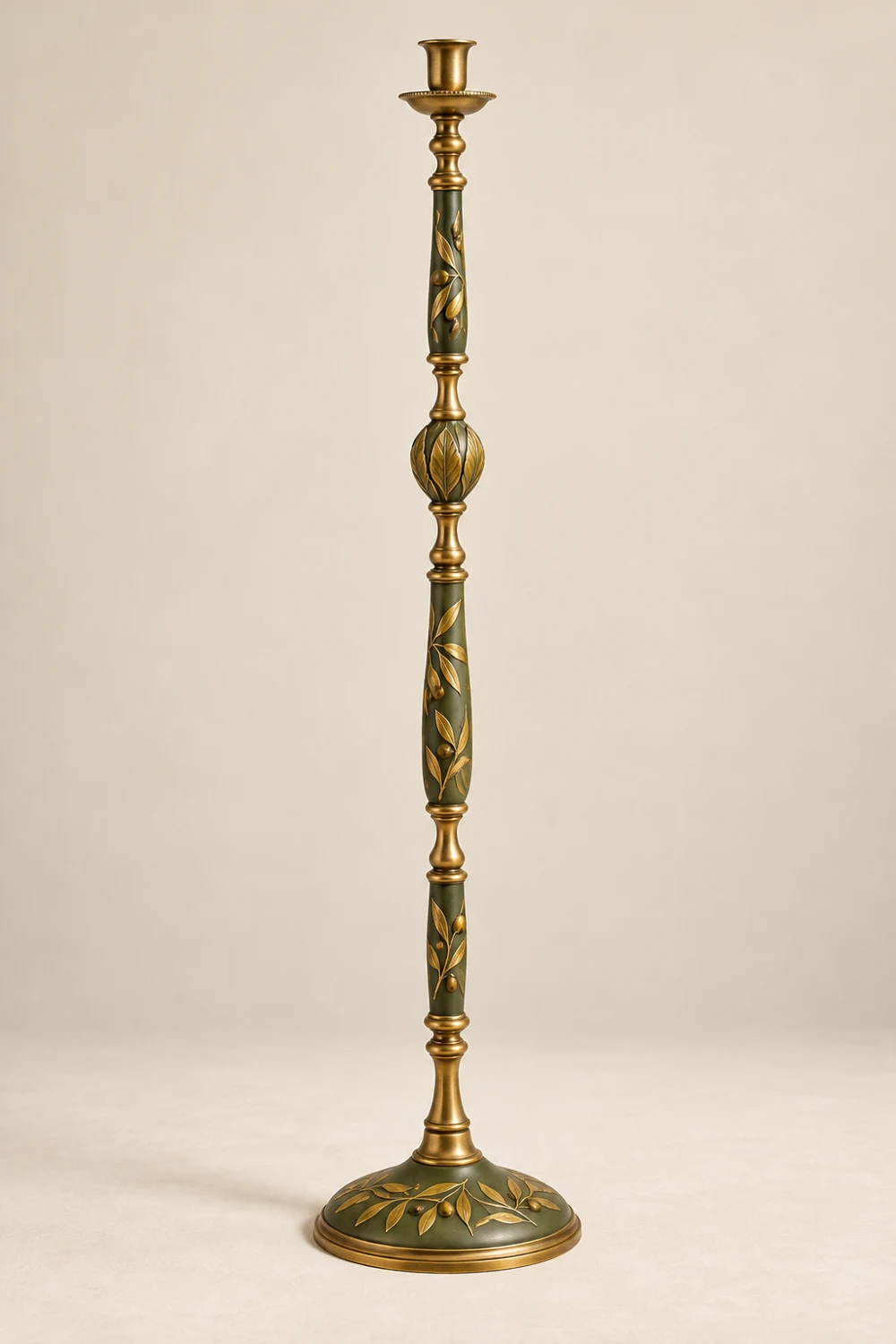 Olive Branch painted brass floor candle holder, Olive & gold