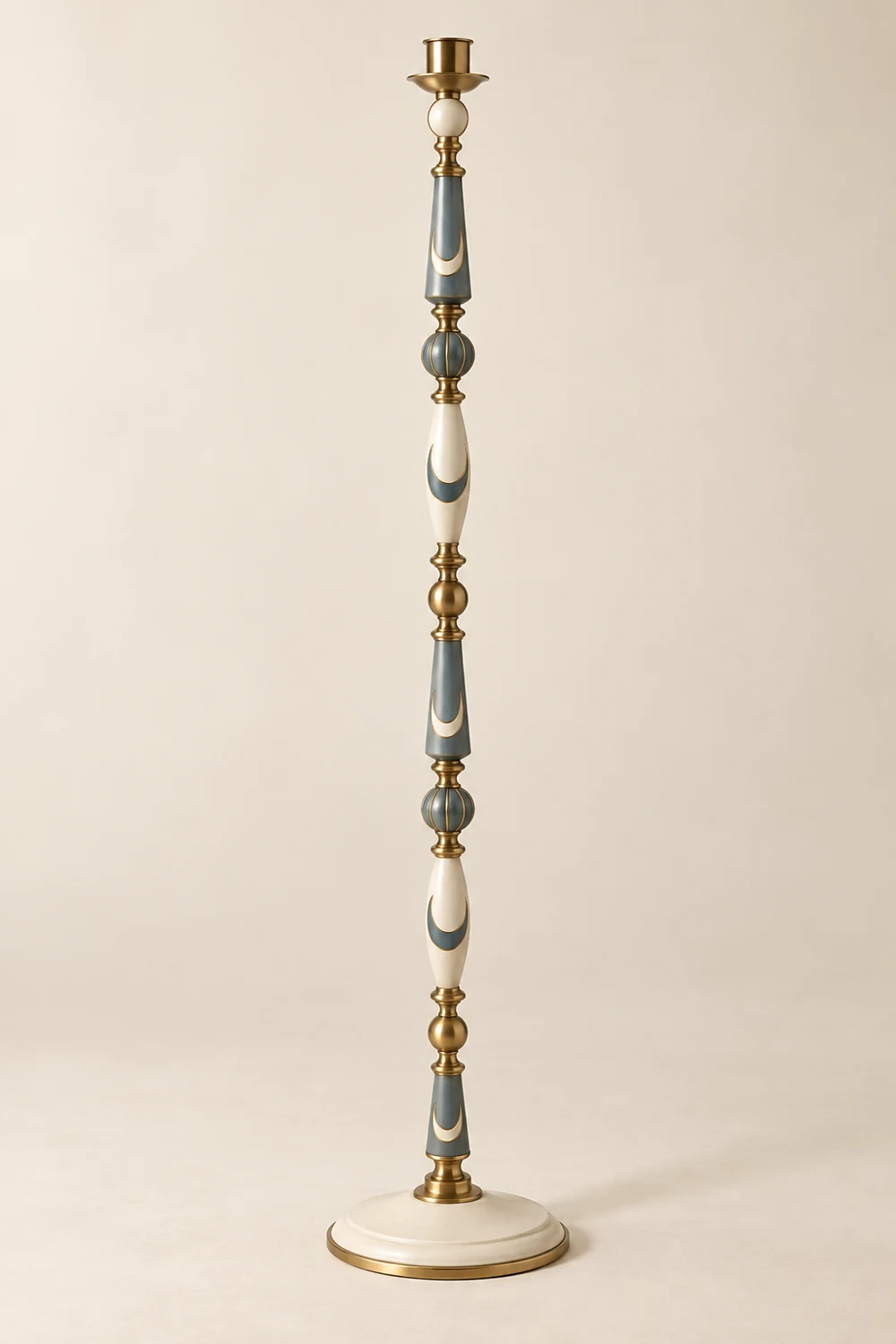 Pearl Crescent painted brass floor candle holder, Pearl & blue gray
